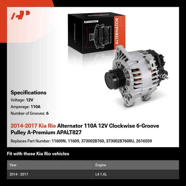 2014-2017 Kia Rio Alternator 110A 12V Clockwise 6-Groove Pulley A-Premium APALT827