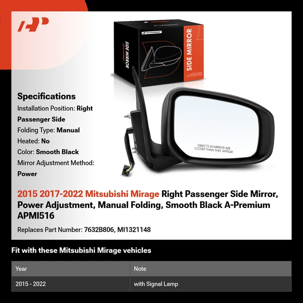 2015 2017-2022 Mitsubishi Mirage Right Passenger Side Mirror, Power Adjustment, Manual Folding, Smooth Black A-Premium APMI516
