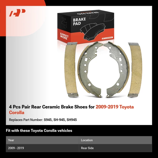 4 Pcs Pair Rear Ceramic Brake Shoes for 2009-2019 Toyota Corolla