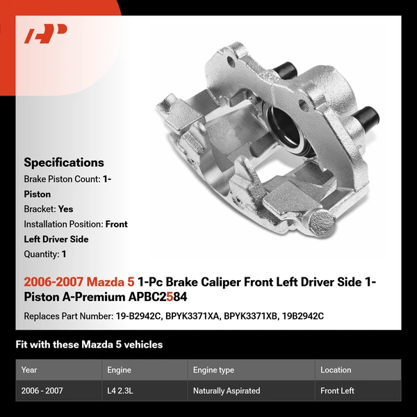 2006-2007 Mazda 5 1-Pc Brake Caliper Front Left Driver Side 1-Piston A-Premium APBC2584