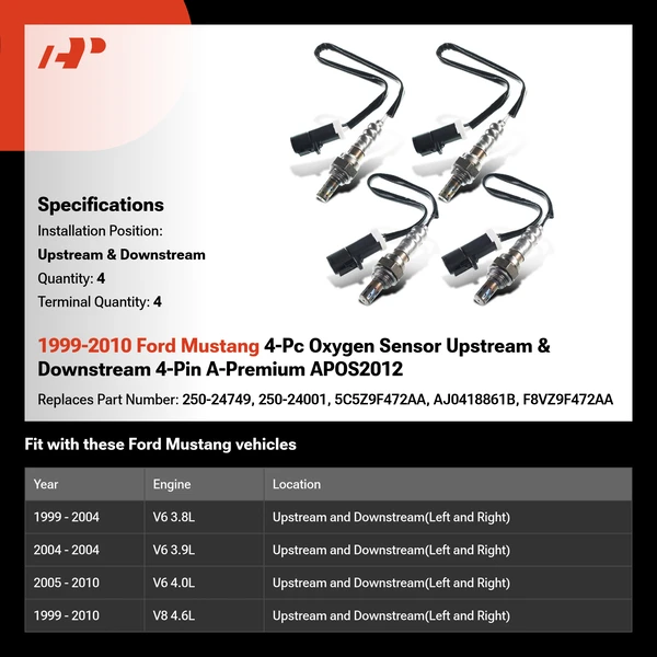 1999-2010 Ford Mustang 4-Pc Oxygen Sensor Upstream & Downstream 4-Pin A-Premium APOS2012
