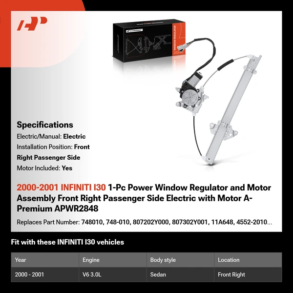 2000-2001 INFINITI I30 1-Pc Power Window Regulator and Motor Assembly Front Right Passenger Side Electric with Motor A-Premium APWR2848