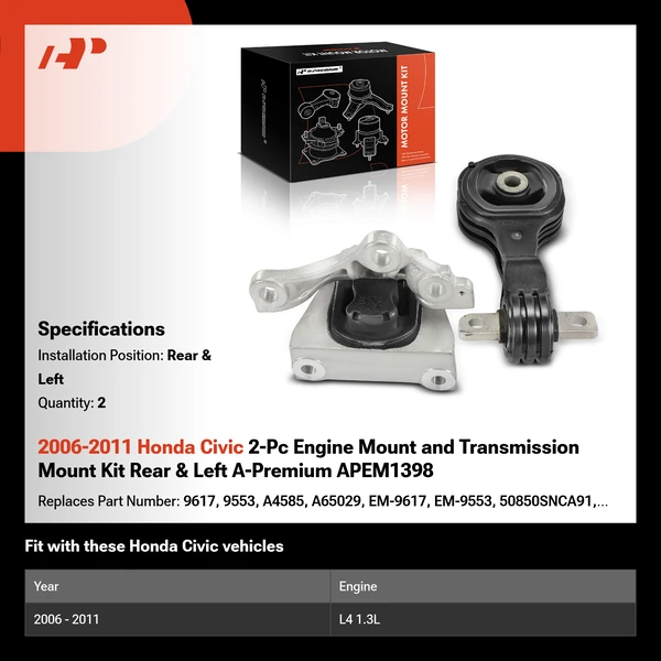 2006-2011 Honda Civic 2-Pc Engine Mount and Transmission Mount Kit Rear & Left A-Premium APEM1398