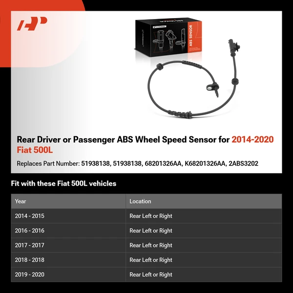 Rear Driver or Passenger ABS Wheel Speed Sensor for 2014-2020 Fiat 500L