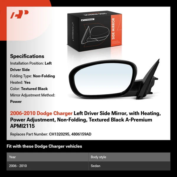 2006-2010 Dodge Charger Left Driver Side Mirror, with Heating, Power Adjustment, Non-Folding, Textured Black A-Premium APMI2115