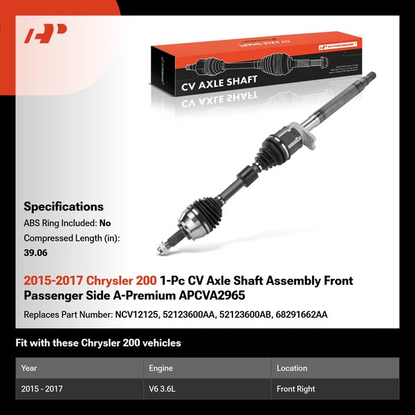 2015-2017 Chrysler 200 1-Pc CV Axle Shaft Assembly Front Passenger Side A-Premium APCVA2965