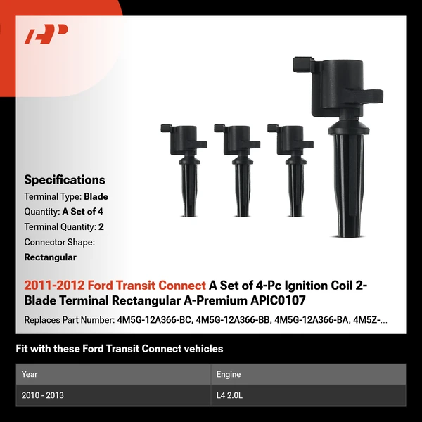 2011-2012 Ford Transit Connect A Set of 4-Pc Ignition Coil 2-Blade Terminal Rectangular A-Premium APIC0107