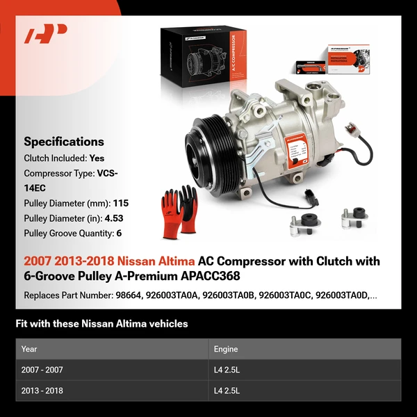 2007 2013-2018 Nissan Altima AC Compressor with Clutch with 6-Groove Pulley A-Premium APACC368