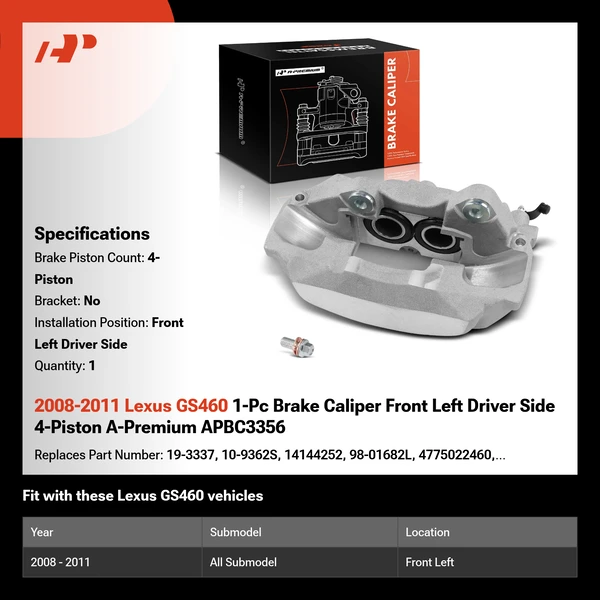 2008-2011 Lexus GS460 1-Pc Brake Caliper Front Left Driver Side 4-Piston A-Premium APBC3356