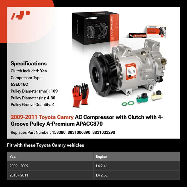 2009-2011 Toyota Camry AC Compressor with Clutch with 4-Groove Pulley A-Premium APACC370