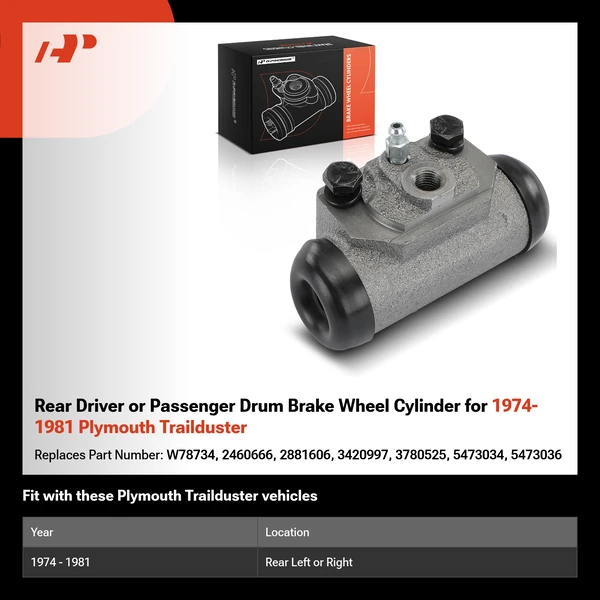Rear Driver or Passenger Drum Brake Wheel Cylinder for 1974-1981 Plymouth Trailduster