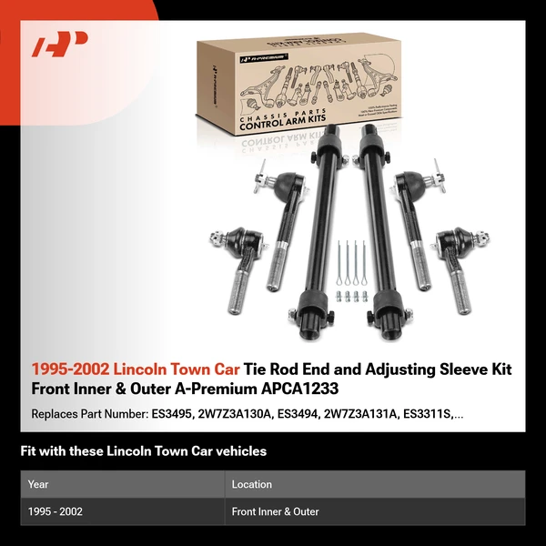 1995-2002 Lincoln Town Car Tie Rod End and Adjusting Sleeve Kit Front Inner & Outer A-Premium APCA1233