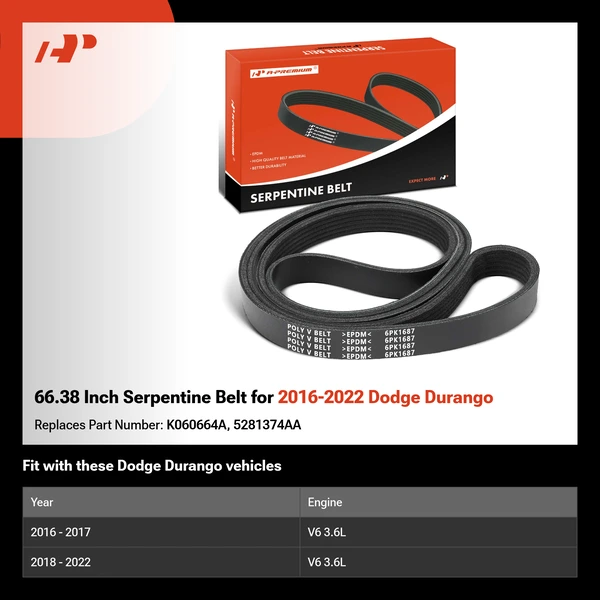 66.38 Inch Serpentine Belt for 2016-2022 Dodge Durango