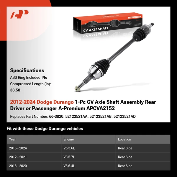 2012-2024 Dodge Durango 1-Pc CV Axle Shaft Assembly Rear Driver or Passenger A-Premium APCVA2152