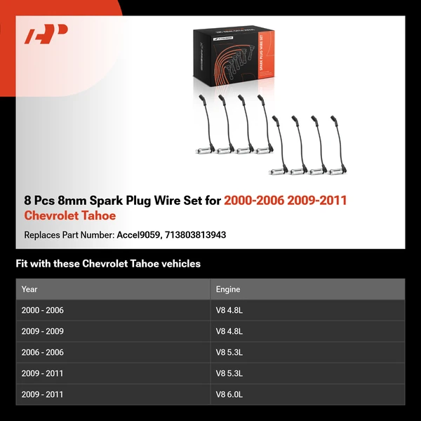 8 Pcs 8mm Spark Plug Wire Set for 2000-2006 2009-2011 Chevrolet Tahoe