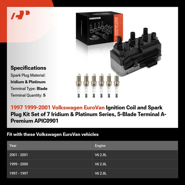 1997 1999-2001 Volkswagen EuroVan Ignition Coil and Spark Plug Kit Set of 7 Iridium & Platinum Series, 5-Blade Terminal A-Premium APIC0901