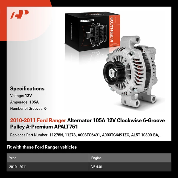 2010-2011 Ford Ranger Alternator 105A 12V Clockwise 6-Groove Pulley A-Premium APALT751