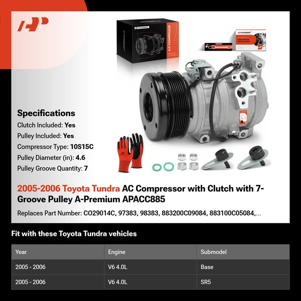 2005-2006 Toyota Tundra AC Compressor with Clutch with 7-Groove Pulley A-Premium APACC885