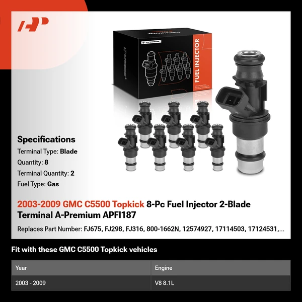 2003-2009 GMC C5500 Topkick 8-Pc Fuel Injector 2-Blade Terminal A-Premium APFI187