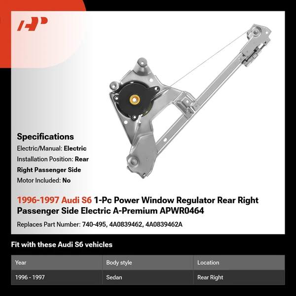 1996-1997 Audi S6 1-Pc Power Window Regulator Rear Right Passenger Side Electric A-Premium APWR0464