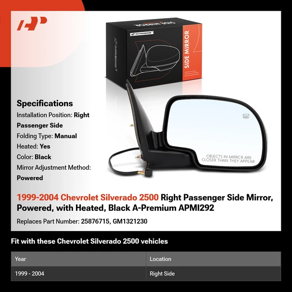 1999-2004 Chevrolet Silverado 2500 Right Passenger Side Mirror, Powered, with Heated, Black A-Premium APMI292