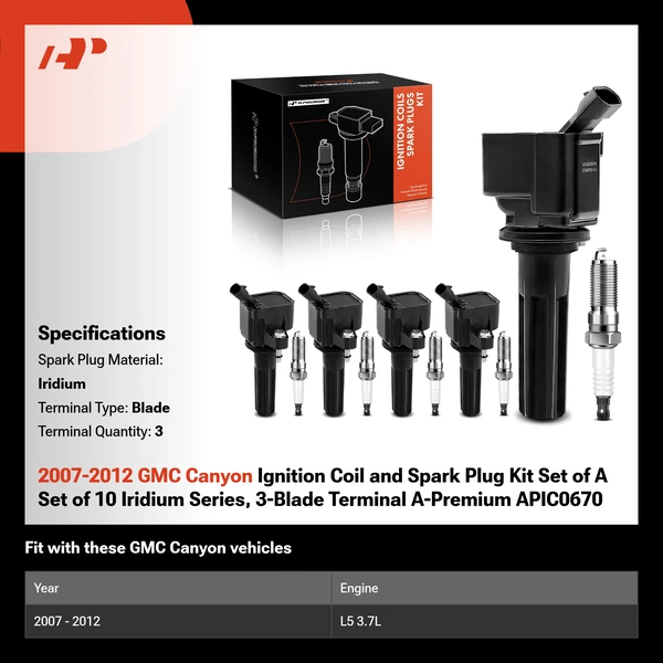 2007-2012 GMC Canyon Ignition Coil and Spark Plug Kit Set of A Set of 10 Iridium Series, 3-Blade Terminal A-Premium APIC0670