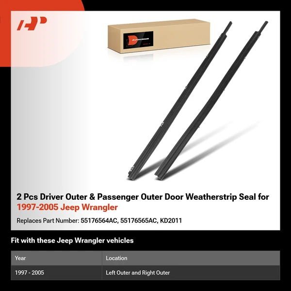 2 Pcs Driver Outer & Passenger Outer Door Weatherstrip Seal for 1997-2005 Jeep Wrangler