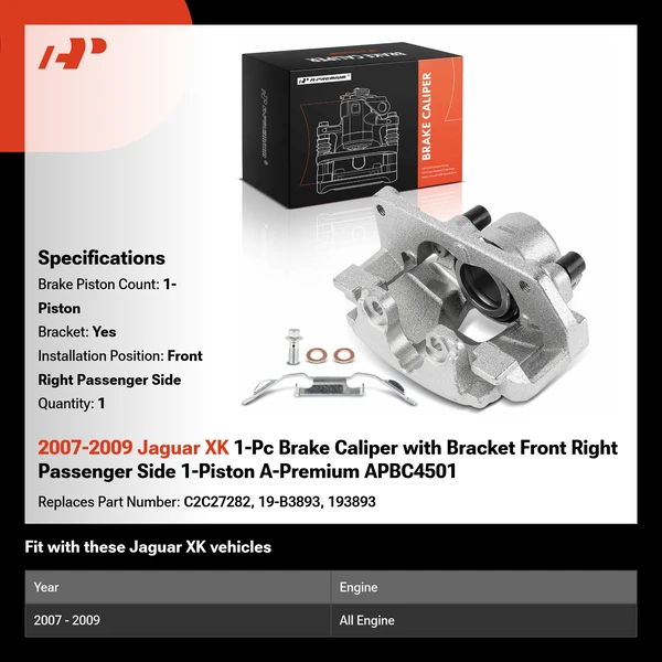 2007-2009 Jaguar XK 1-Pc Brake Caliper with Bracket Front Right Passenger Side 1-Piston A-Premium APBC4501