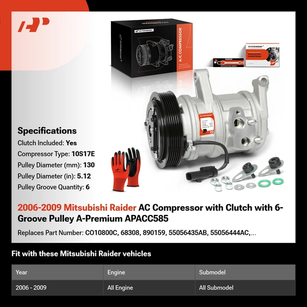 2006-2009 Mitsubishi Raider AC Compressor with Clutch with 6-Groove Pulley A-Premium APACC585