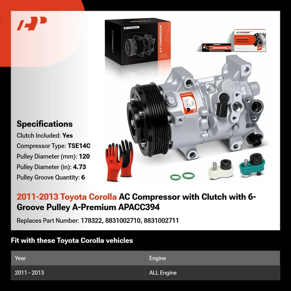 2011-2013 Toyota Corolla AC Compressor with Clutch with 6-Groove Pulley A-Premium APACC394