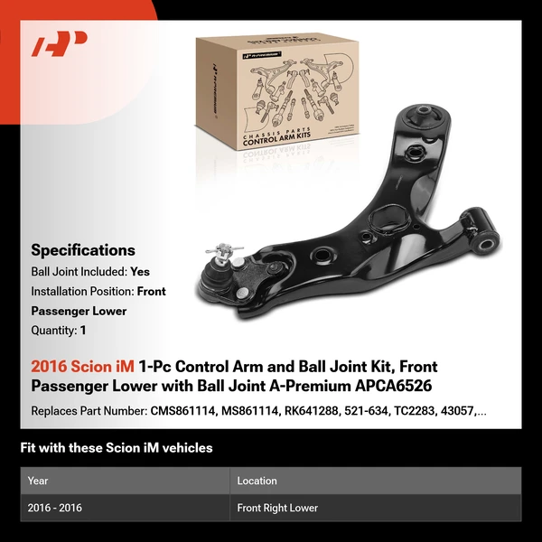 2016 Scion iM 1-Pc Control Arm and Ball Joint Kit, Front Passenger Lower with Ball Joint A-Premium APCA6526