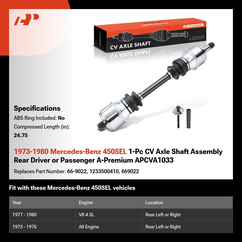 1973-1980 Mercedes-Benz 450SEL 1-Pc CV Axle Shaft Assembly Rear Driver or Passenger A-Premium APCVA1033