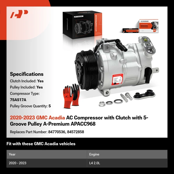 2020-2023 GMC Acadia AC Compressor with Clutch with 5-Groove Pulley A-Premium APACC968