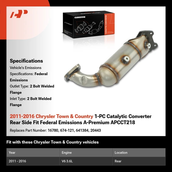 2011-2016 Chrysler Town & Country 1-PC Catalytic Converter Rear Side Fit Federal Emissions A-Premium APCCT218
