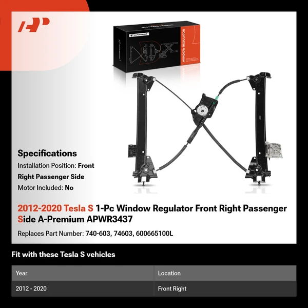 2012-2020 Tesla S 1-Pc Window Regulator Front Right Passenger Side A-Premium APWR3437
