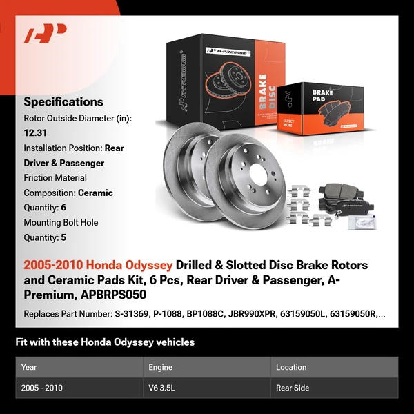 2005-2010 Honda Odyssey Drilled & Slotted Disc Brake Rotors and Ceramic Pads Kit, 6 Pcs, Rear Driver & Passenger, A-Premium, APBRPS050