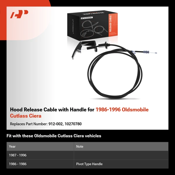 Hood Release Cable with Handle for 1986-1996 Oldsmobile Cutlass Ciera