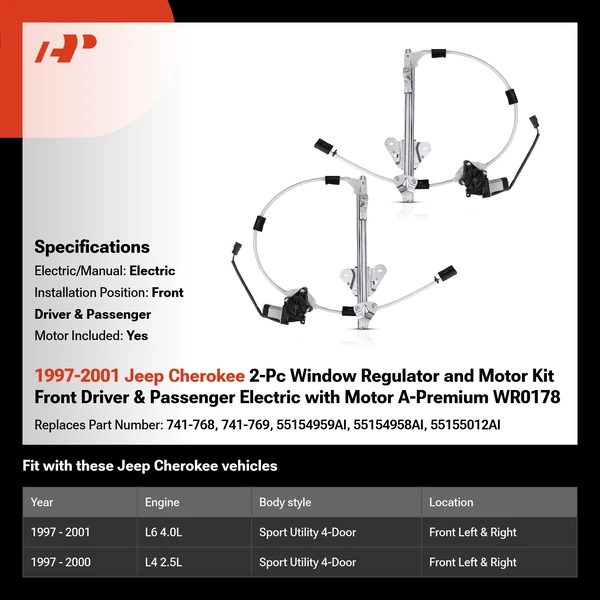 1997-2001 Jeep Cherokee 2-Pc Window Regulator and Motor Kit Front Driver & Passenger Electric with Motor A-Premium WR0178