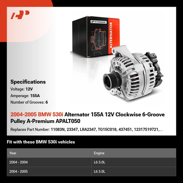 2004-2005 BMW 530i Alternator 155A 12V Clockwise 6-Groove Pulley A-Premium APALT050