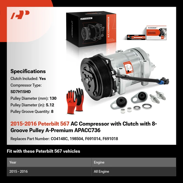 2015-2016 Peterbilt 567 AC Compressor with Clutch with 8-Groove Pulley A-Premium APACC736