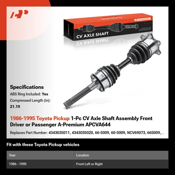 1986-1995 Toyota Pickup 1-Pc CV Axle Shaft Assembly Front Driver or Passenger A-Premium APCVA644