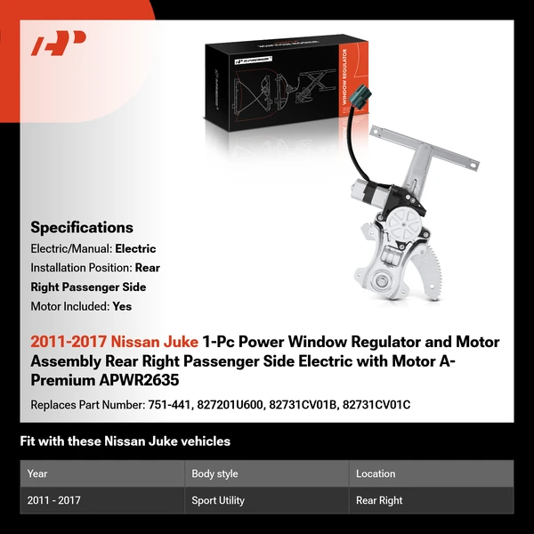 2011-2017 Nissan Juke 1-Pc Power Window Regulator and Motor Assembly Rear Right Passenger Side Electric with Motor A-Premium APWR2635