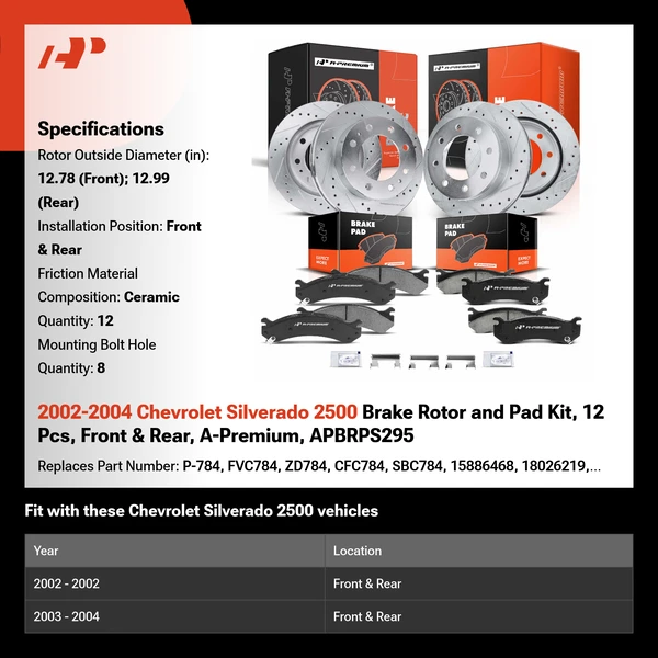 2002-2004 Chevrolet Silverado 2500 Brake Rotor and Pad Kit, 12 Pcs, Front & Rear, A-Premium, APBRPS295