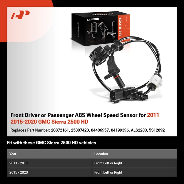 Front Driver or Passenger ABS Wheel Speed Sensor for 2011 2015-2020 GMC Sierra 2500 HD