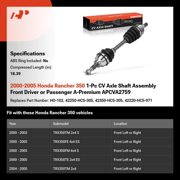 2000-2005 Honda Rancher 350 1-Pc CV Axle Shaft Assembly Front Driver or Passenger A-Premium APCVA2759