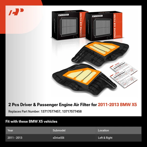 2 Pcs Driver & Passenger Engine Air Filter for 2011-2013 BMW X5