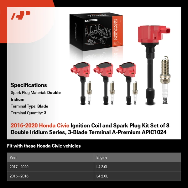 2016-2020 Honda Civic Ignition Coil and Spark Plug Kit Set of 8 Double Iridium Series, 3-Blade Terminal A-Premium APIC1024