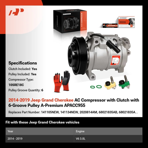 2014-2019 Jeep Grand Cherokee AC Compressor with Clutch with 6-Groove Pulley A-Premium APACC955