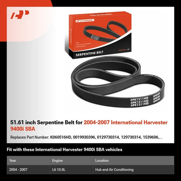 51.61 inch Serpentine Belt for 2004-2007 International Harvester 9400i SBA