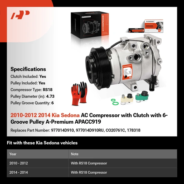 2010-2012 2014 Kia Sedona AC Compressor with Clutch with 6-Groove Pulley A-Premium APACC919